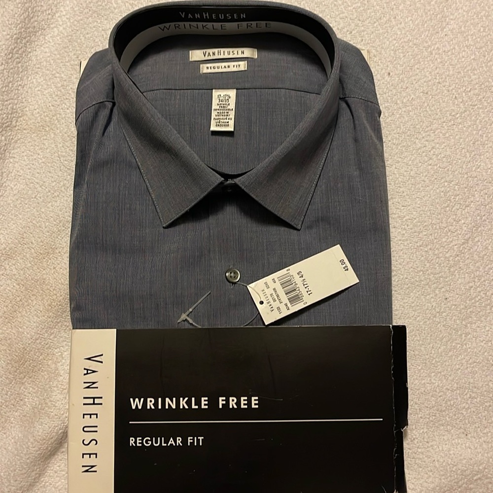 Van Heusen Men’s Dress Shirt 17-17 1/2 4/5 grey lay down collar NWT